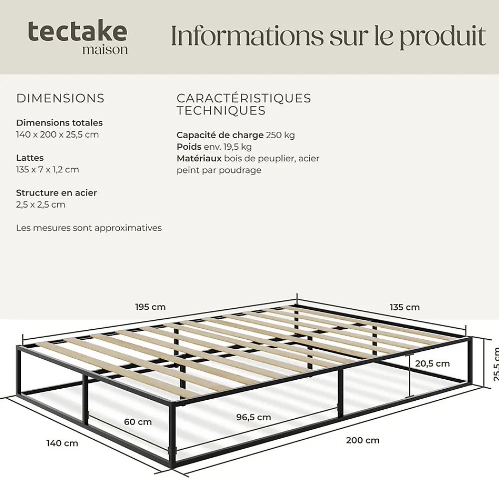 Cadre de lit en acier sommier à lattes en bois de peuplier 200x140cm>Tectake Online