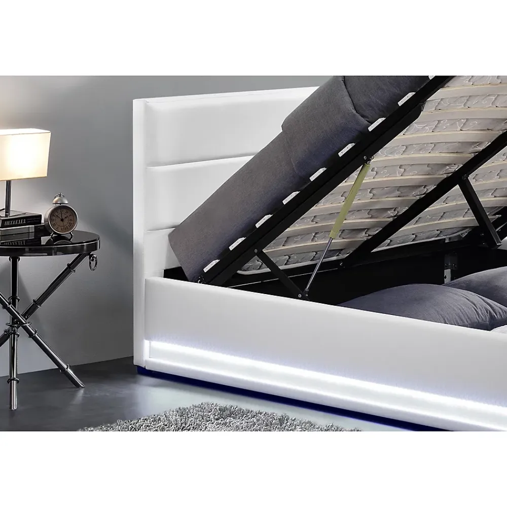 Concept Usine Cadre de lit en PU blanc avec rangements et LED intégrées 160x200 cm NEW YORK* Lit Avec Rangement