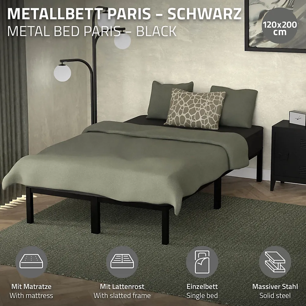 Ml-Design Cadre de lit noir en métal 120x200cm avec sommier à lattes matelas H:16 cm* Sommier
