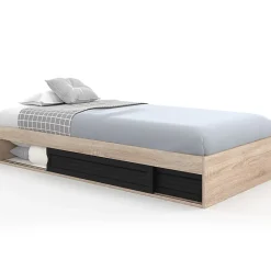 IDMarket Cadre de lit simple SALEM avec rangement et sommier 90 x 190 CM façon hêtre et noir* Lit Avec Rangement