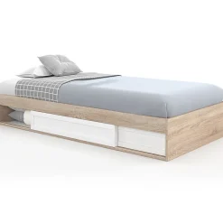 Cadre de lit simple SALEM avec rangement et sommier 90 x 190 CM façon hêtre et blanc>IDMarket Sale