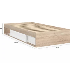 Cadre de lit simple SALEM avec rangement et sommier 90 x 190 CM façon hêtre et blanc><noscript><img width=