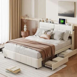 Cadre de lit 160x200cm, à lattes, fonction de chargement USB, tiroirs, cuir PU, blanc><noscript><img width=