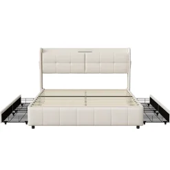 Cadre de lit 160x200cm, à lattes, fonction de chargement USB, tiroirs, cuir PU, blanc><noscript><img width=