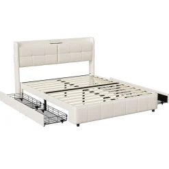 Cadre de lit 160x200cm, à lattes, fonction de chargement USB, tiroirs, cuir PU, blanc><noscript><img width=