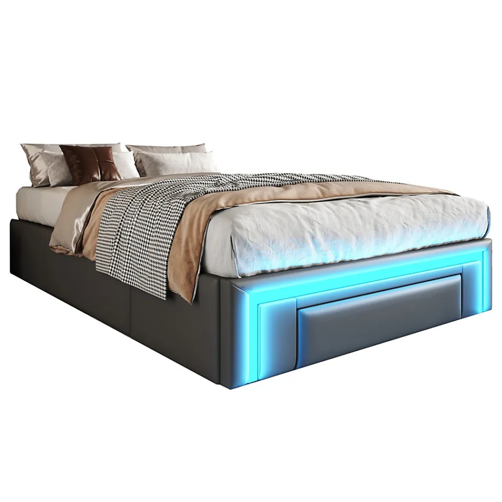 Cadre de lit 90x200cm sans tête, LED, PU, plateforme métal avec tiroirs, gris>Simple Life Hot