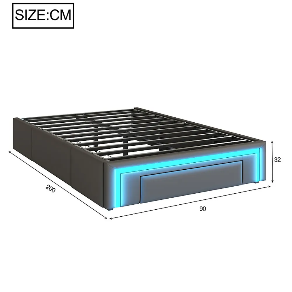 Cadre de lit 90x200cm sans tête, LED, PU, plateforme métal avec tiroirs, gris>Simple Life Hot