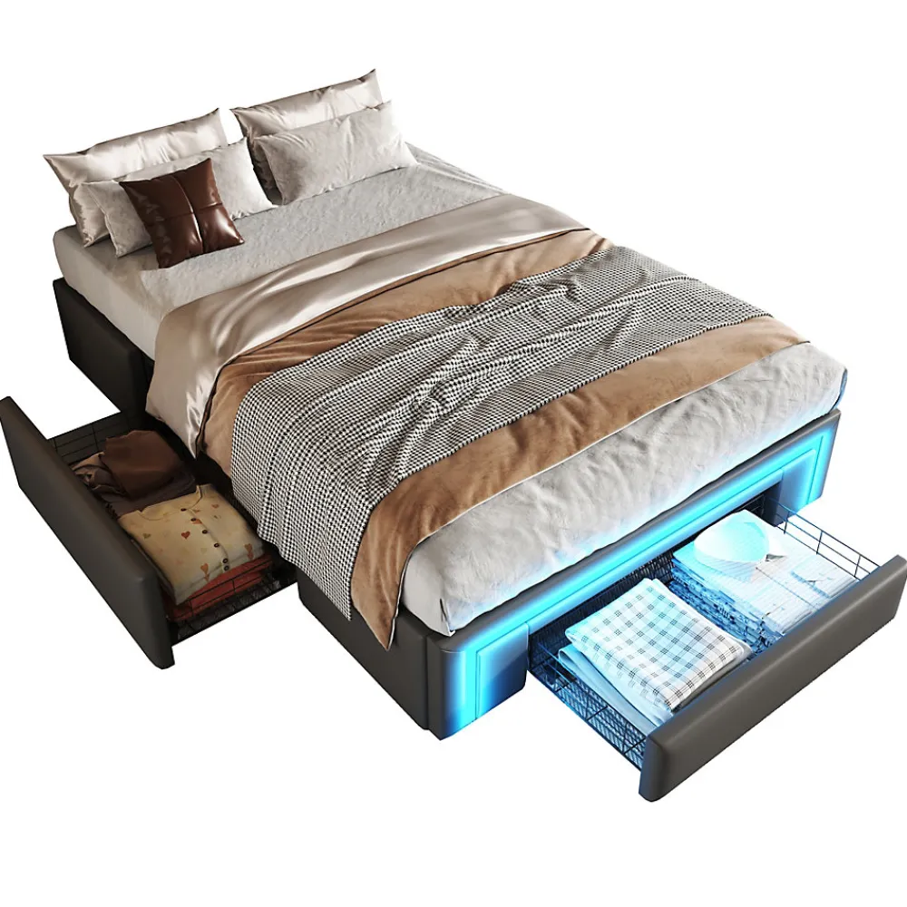 Cadre de lit 90x200cm sans tête, LED, PU, plateforme métal avec tiroirs, gris>Simple Life Hot