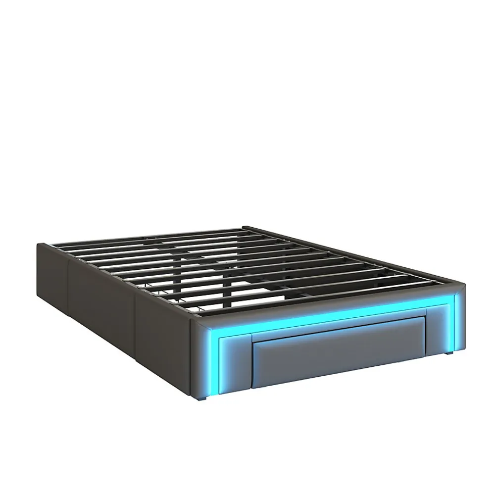 Cadre de lit 90x200cm sans tête, LED, PU, plateforme métal avec tiroirs, gris>Simple Life Hot