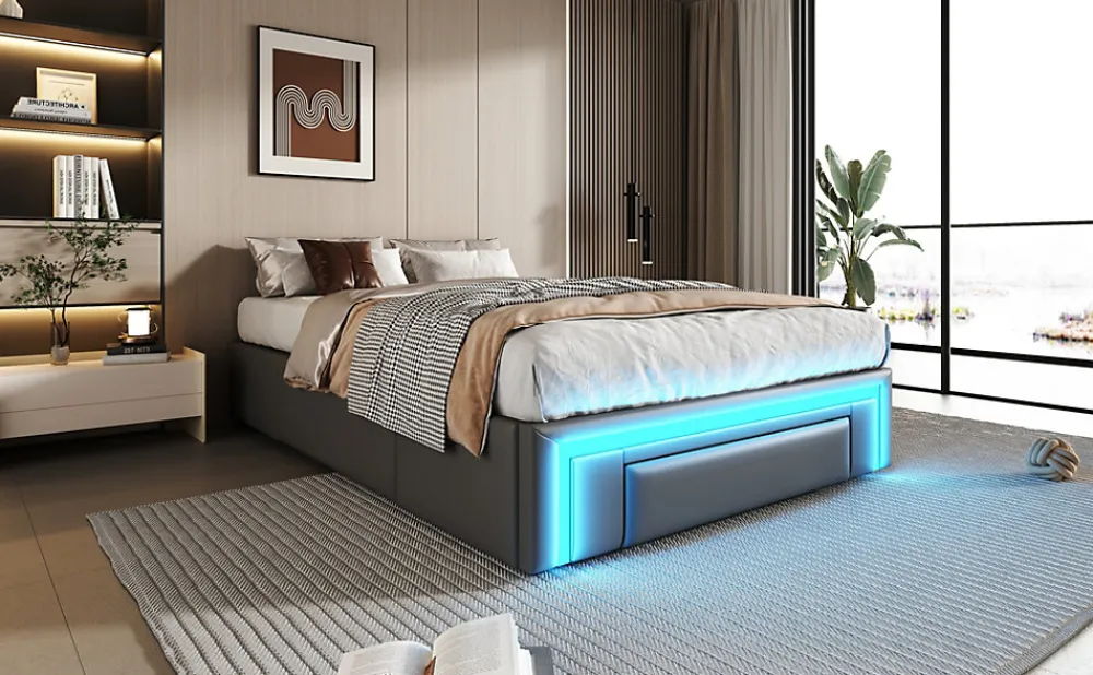 Cadre de lit 90x200cm sans tête, LED, PU, plateforme métal avec tiroirs, gris>Simple Life Hot
