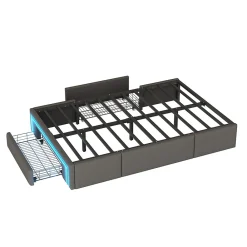 Cadre de lit 90x200cm sans tête, LED, PU, plateforme métal avec tiroirs, gris><noscript><img width=