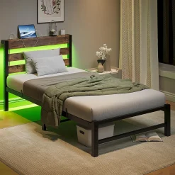 Cadre lit LED 90x200 cm, recharge USB, rangement sous matelas, structure métal><noscript><img width=