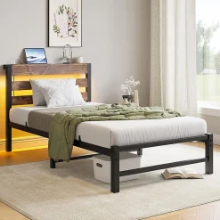 Cadre lit LED 90x200 cm, recharge USB, rangement sous matelas, structure métal><noscript><img width=