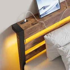 Cadre lit LED 90x200 cm, recharge USB, rangement sous matelas, structure métal><noscript><img width=
