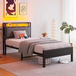 Cadre lit LED 90x200 cm, tête de lit USB, lattes métalliques, montage facile>Blackcolors Outlet
