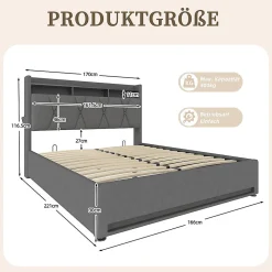 Cadre lit rembourré 160x200 cm, LED, USB-C, rangement hydraulique sous lit - gris><noscript><img width=