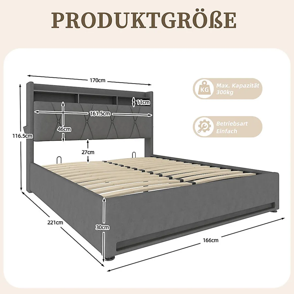 Cadre lit rembourré 160x200 cm, LED, USB-C, rangement hydraulique sous lit - gris>Blackcolors Discount
