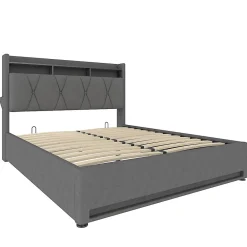 Cadre lit rembourré 160x200 cm, LED, USB-C, rangement hydraulique sous lit - gris><noscript><img width=