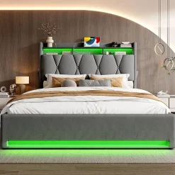 Cadre lit rembourré 160x200 cm, LED, USB-C, rangement hydraulique sous lit - gris><noscript><img width=