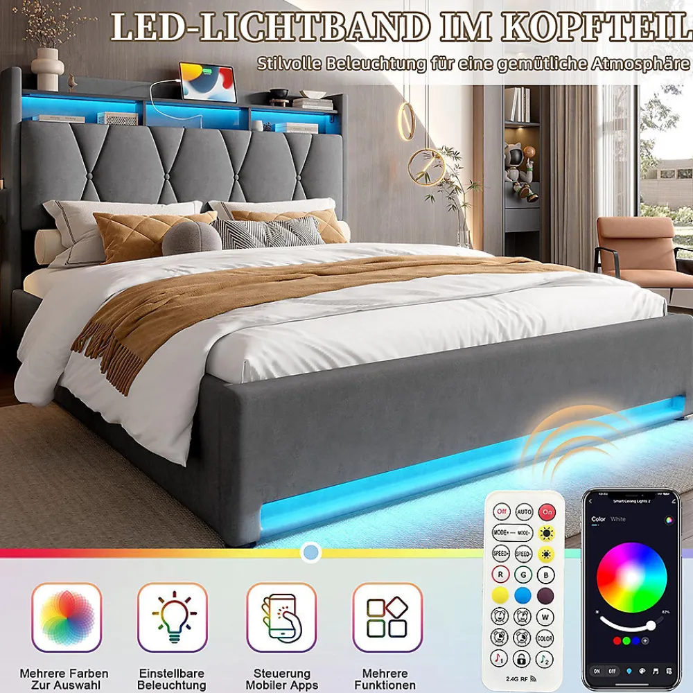 Cadre lit rembourré 160x200 cm, LED, USB-C, rangement hydraulique sous lit - gris>Blackcolors Discount