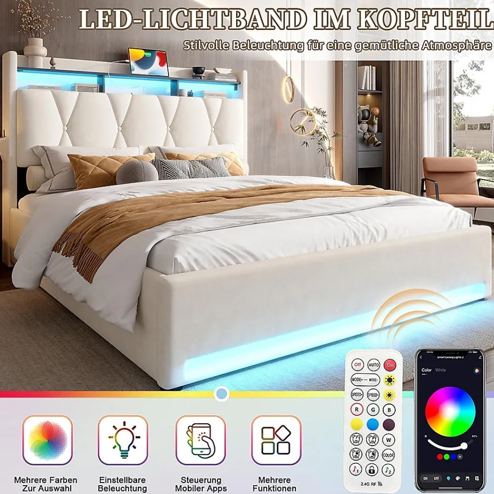 Blackcolors Cadre lit rembourré 140x200 cm, LED, USB-C, rangement hydraulique sous lit - beige* Lit Coffre
