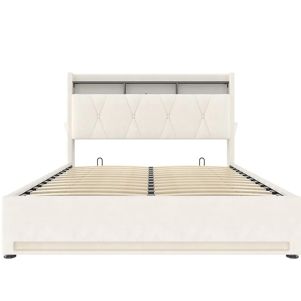 Blackcolors Cadre lit rembourré 140x200 cm, LED, USB-C, rangement hydraulique sous lit - beige* Lit Coffre