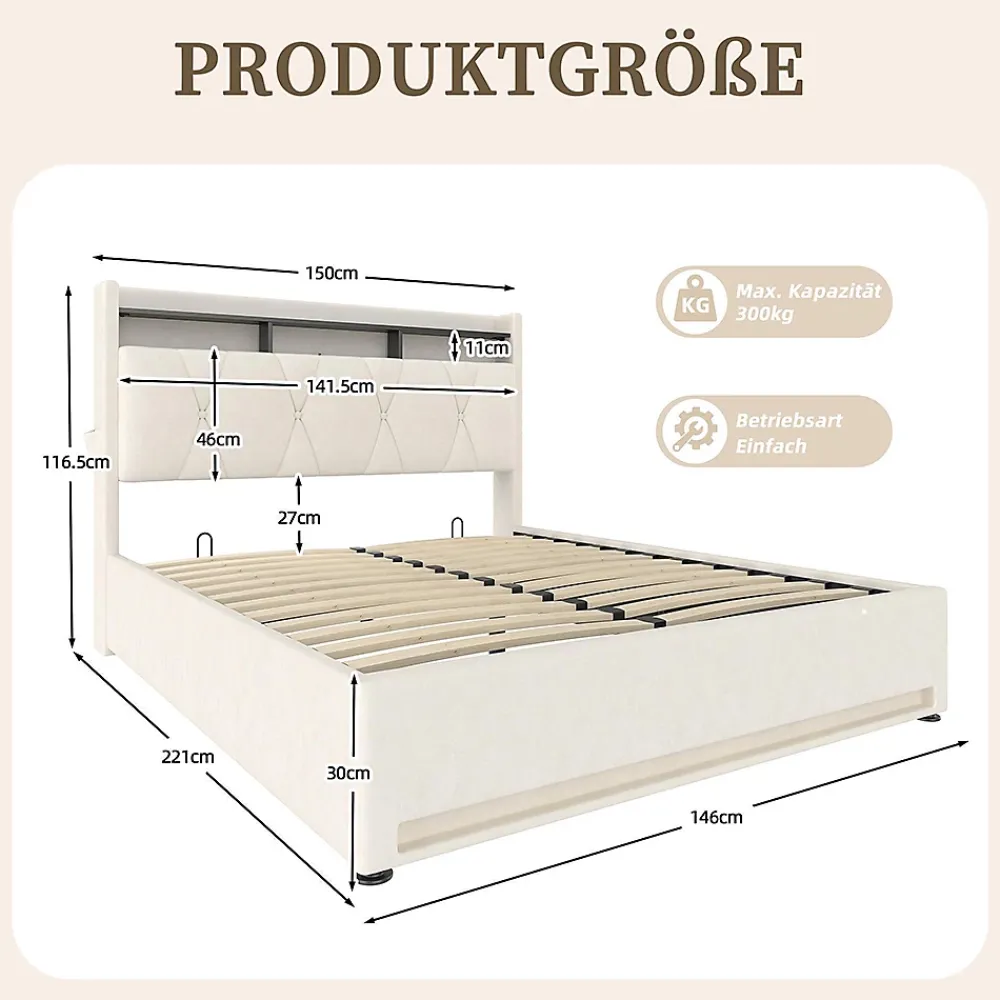 Blackcolors Cadre lit rembourré 140x200 cm, LED, USB-C, rangement hydraulique sous lit - beige* Lit Coffre