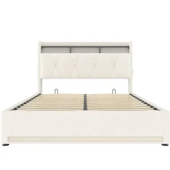 Blackcolors Cadre lit rembourré 140x200 cm, LED, USB-C, rangement hydraulique sous lit - beige* Lit Coffre