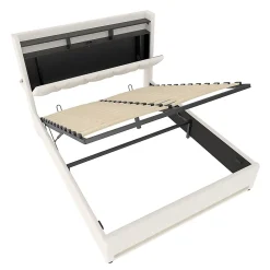 Blackcolors Cadre lit rembourré 140x200 cm, LED, USB-C, rangement hydraulique sous lit - beige* Lit Coffre