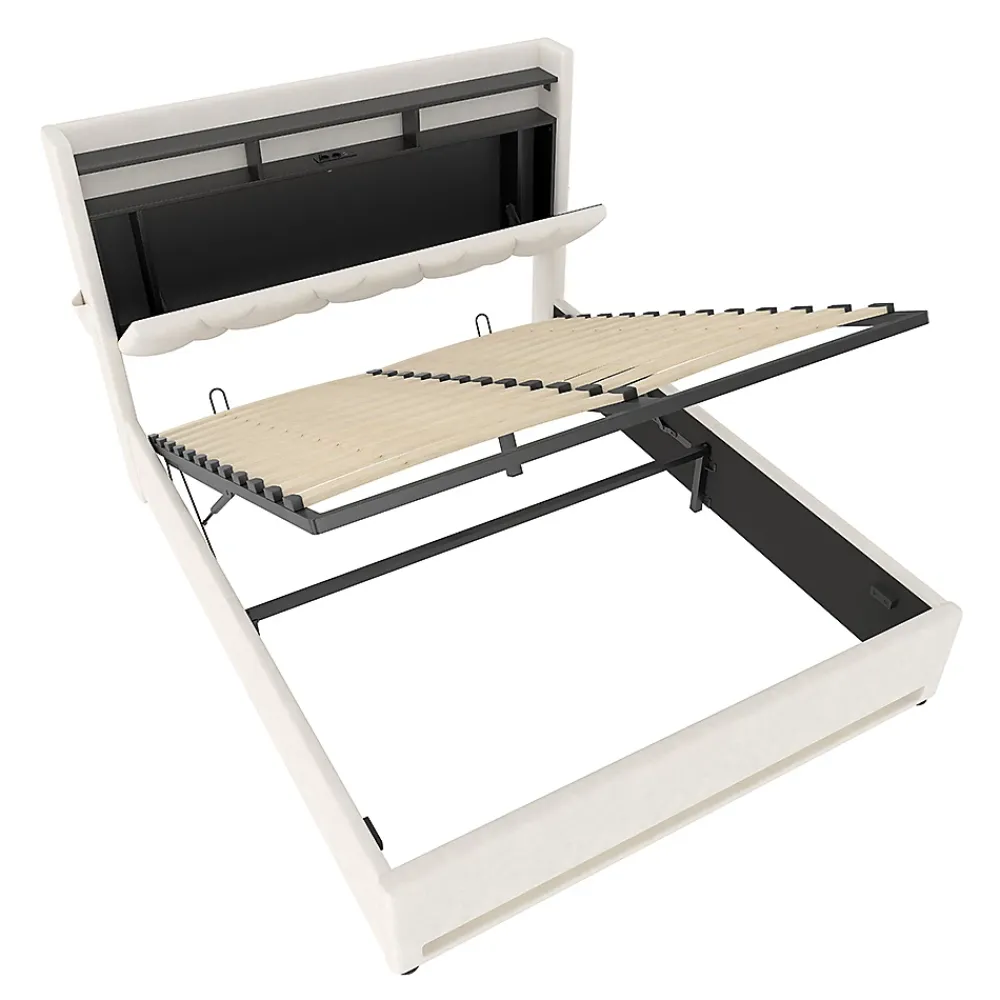 Blackcolors Cadre lit rembourré 140x200 cm, LED, USB-C, rangement hydraulique sous lit - beige* Lit Coffre