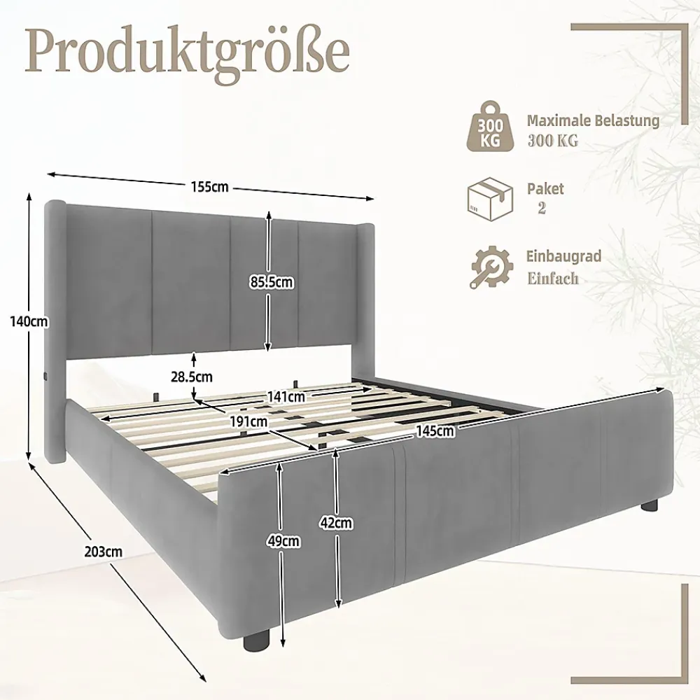 Blackcolors Cadre lit rembourré 140x190 cm, tête/pied hauts, USB, fer/bois - gris* Lit Coffre