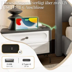 Blackcolors Cadre lit rembourré 140x190 cm, tête/pied hauts, USB, fer/bois - gris* Lit Coffre