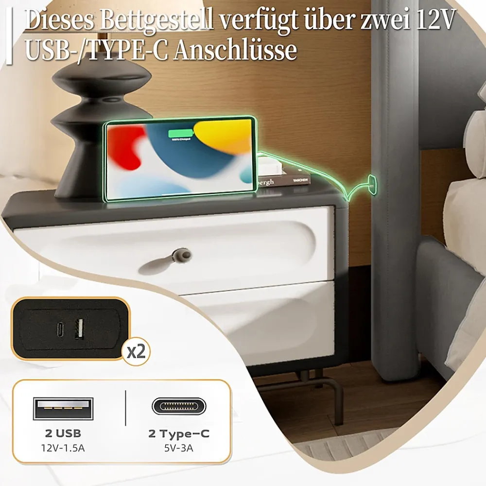 Blackcolors Cadre lit rembourré 140x190 cm, tête/pied hauts, USB, fer/bois - gris* Lit Coffre