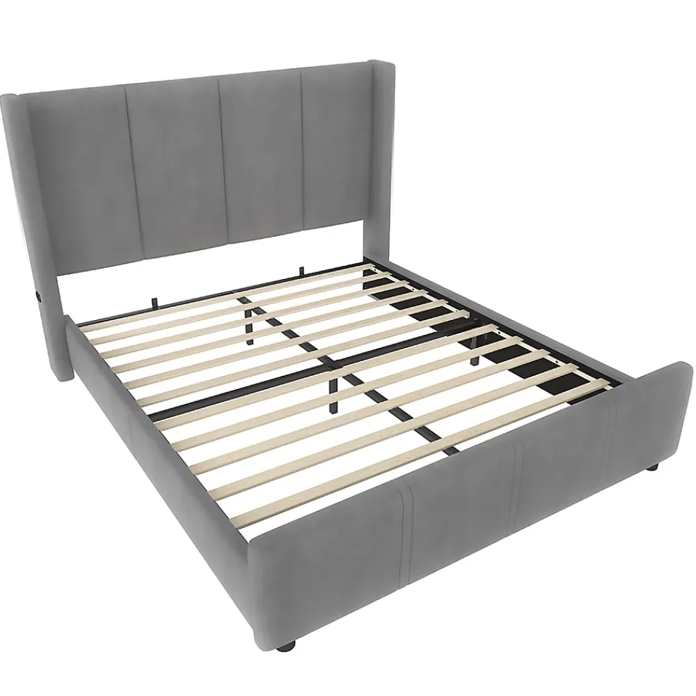 Blackcolors Cadre lit rembourré 140x190 cm, tête/pied hauts, USB, fer/bois - gris* Lit Coffre