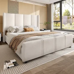 Blackcolors Cadre lit 140x200cm, tête/pied hauts, USB, fer + bois, beige* Lit Coffre