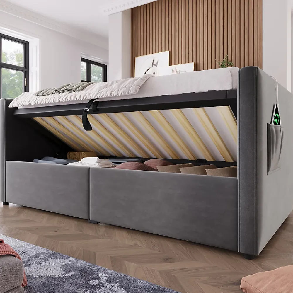 Redom Canapé 3 places convertible en tissu avec mécanisme clic-clac, accoudoirs et style contemporain pour salon* Lit Coffre