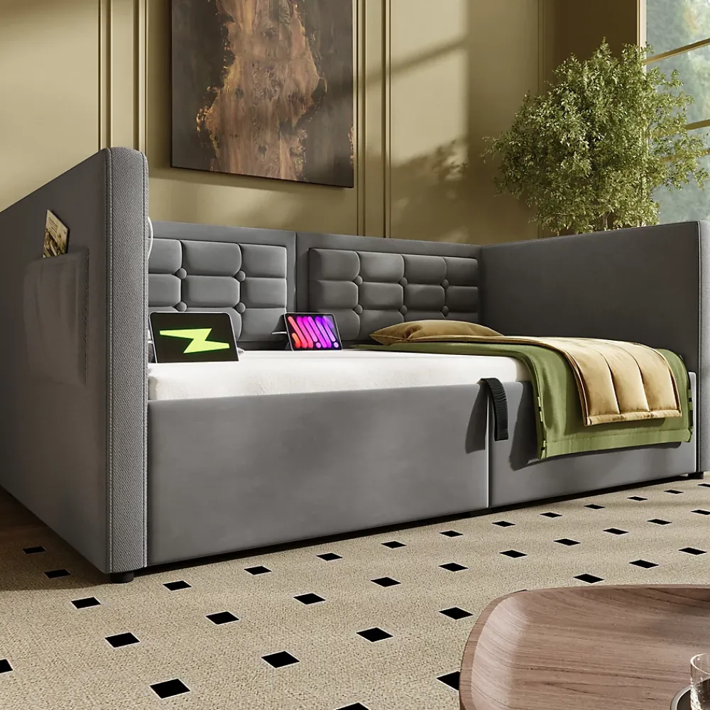 Redom Canapé 3 places convertible en tissu avec mécanisme clic-clac, accoudoirs et style contemporain pour salon* Lit Coffre