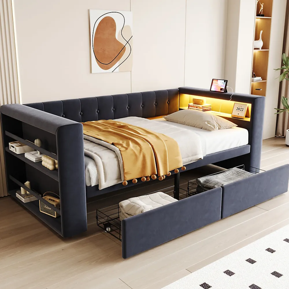 Canapé 3 places convertible 200x90x85 cm avec couchage 140x190 cm, coffre de rangement, tissu gris design>Redom Sale