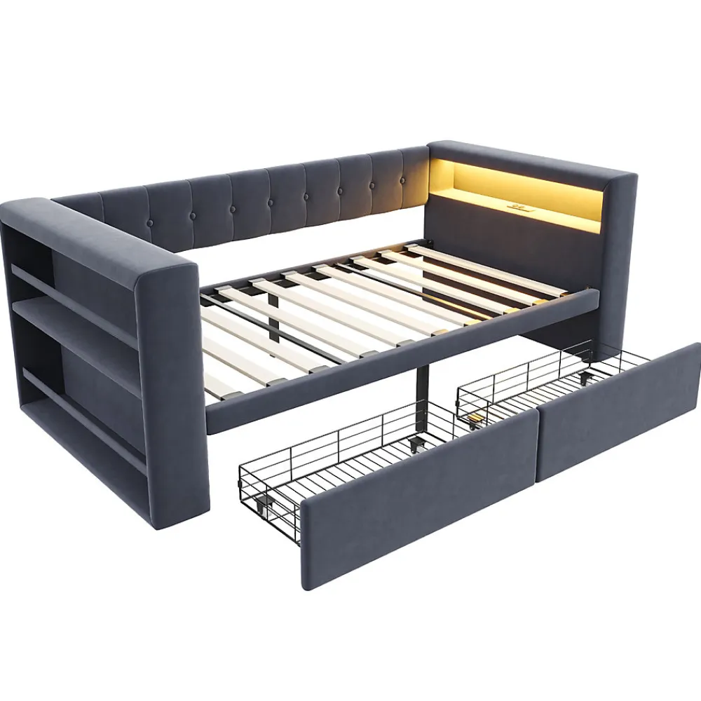 Canapé 3 places convertible 200x90x85 cm avec couchage 140x190 cm, coffre de rangement, tissu gris design>Redom Sale