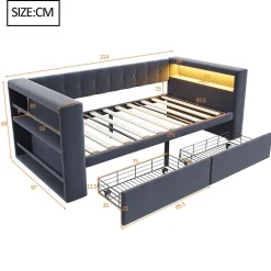 Canapé 3 places convertible 200x90x85 cm avec couchage 140x190 cm, coffre de rangement, tissu gris design><noscript><img width=