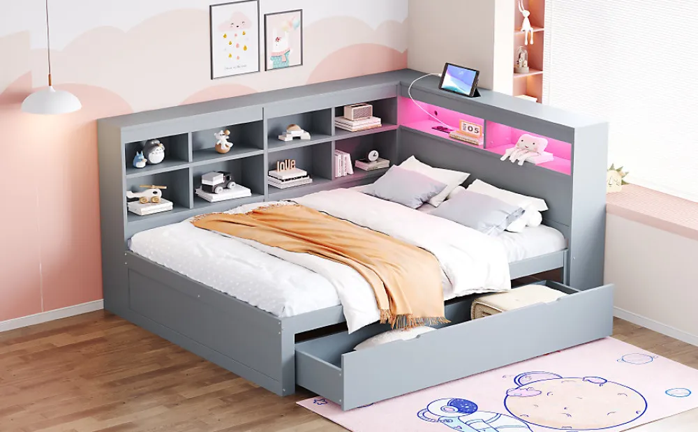 Canapé en bois massif 140x200 cm avec grands tiroirs port USB bande LED étagères rangement lit double multifonction gris>Redom Outlet