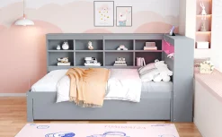 Canapé en bois massif 140x200 cm avec grands tiroirs port USB bande LED étagères rangement lit double multifonction gris><noscript><img width=