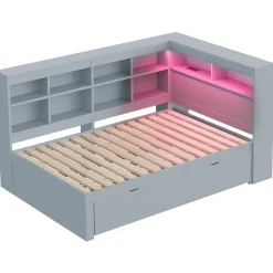 Canapé en bois massif 140x200 cm avec grands tiroirs port USB bande LED étagères rangement lit double multifonction gris><noscript><img width=