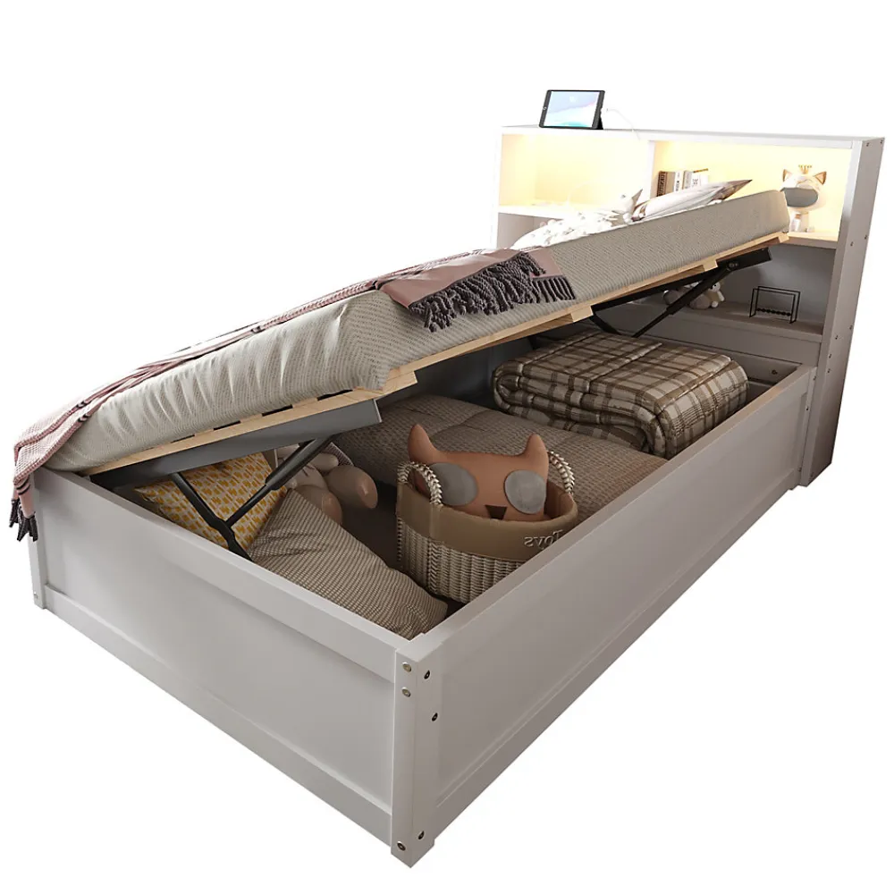 Canapé lit 90 par 200 cm avec prise multiple rangement lumineux lit hydraulique bois massif lit simple multifonction blanc>Redom Sale