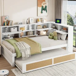 Canapé lit bois 90x200 avec lit gigogne lit simple multifonction avec rangements et prise de charge couleur blanche><noscript><img width=