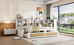 Canapé lit bois 90x200 avec lit gigogne lit simple multifonction avec rangements et prise de charge couleur blanche><noscript><img width=
