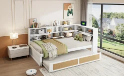 Canapé lit bois 90x200 avec lit gigogne lit simple multifonction avec rangements et prise de charge couleur blanche><noscript><img width=