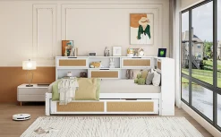 Canapé lit bois 90x200 avec lit gigogne lit simple multifonction avec rangements et prise de charge couleur blanche><noscript><img width=