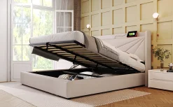 Redom Canapé lit 180x200 cm tête de lit avec ports USB et Type C et coffre de rangement en tissu lin coton beige, structure métal* Lit Coffre