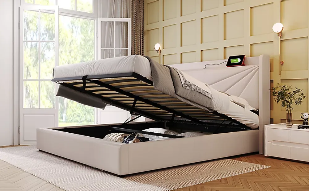 Redom Canapé lit 180x200 cm tête de lit avec ports USB et Type C et coffre de rangement en tissu lin coton beige, structure métal* Lit Coffre
